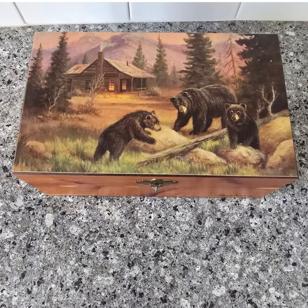 Dollywood Cedar Wood Keepsake Box Black Bear Cabin Mountain Scene Brown